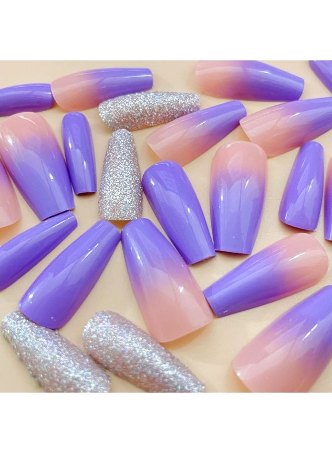 Goolsky Premium Gradient Purple Glitter Long Press-on Nails with Sparkling Chips for Dazzling Elegance - Image 4