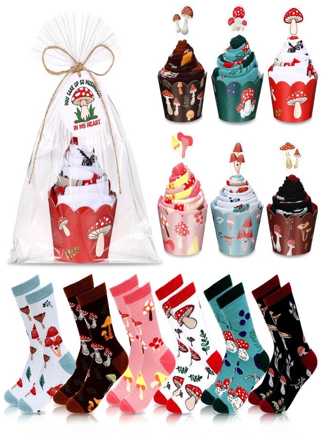 Foaincore 6 Pairs Funny Mushroom Socks for Women Men Novelty Casual Socks with Cupcake Toppers and Wrappers, Cute Christmas Gifts for Mushroom Lovers - Image 1