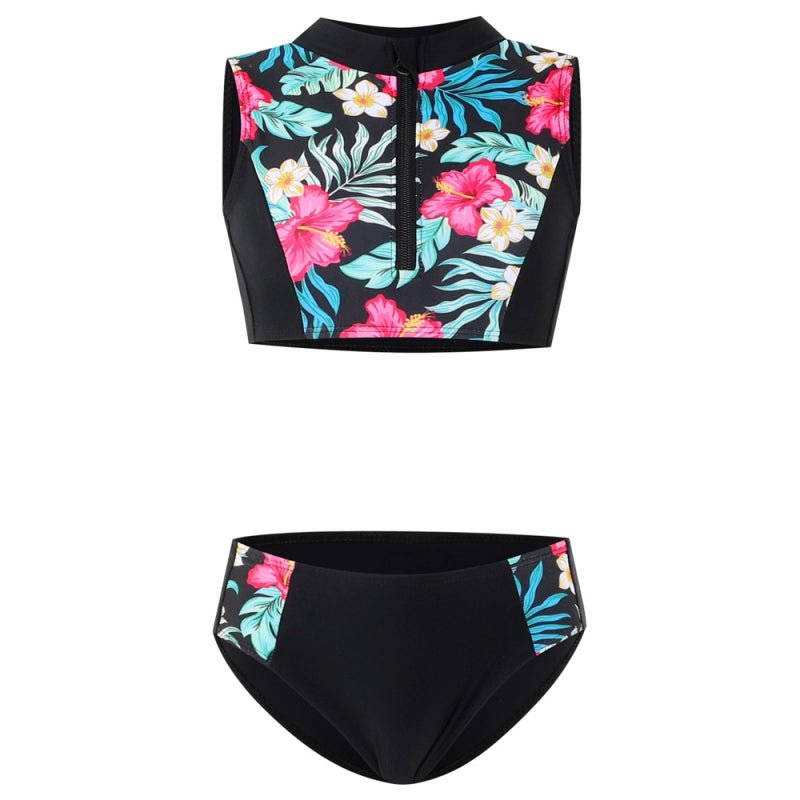 Girls Swimsuit: Vintage Print High-Waist Padded Bra - Soft Breathable Nylon Material for Toddler & Girls Aged 2-12, Family Vacations Beach Water Activities - Image 1