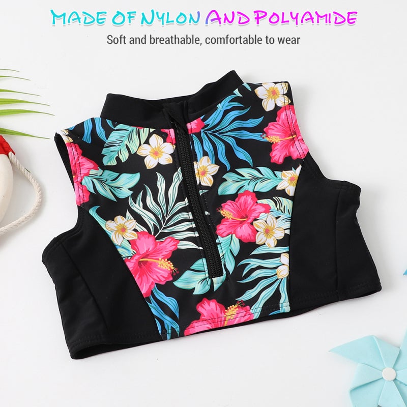 Girls Swimsuit: Vintage Print High-Waist Padded Bra - Soft Breathable Nylon Material for Toddler & Girls Aged 2-12, Family Vacations Beach Water Activities - Image 3