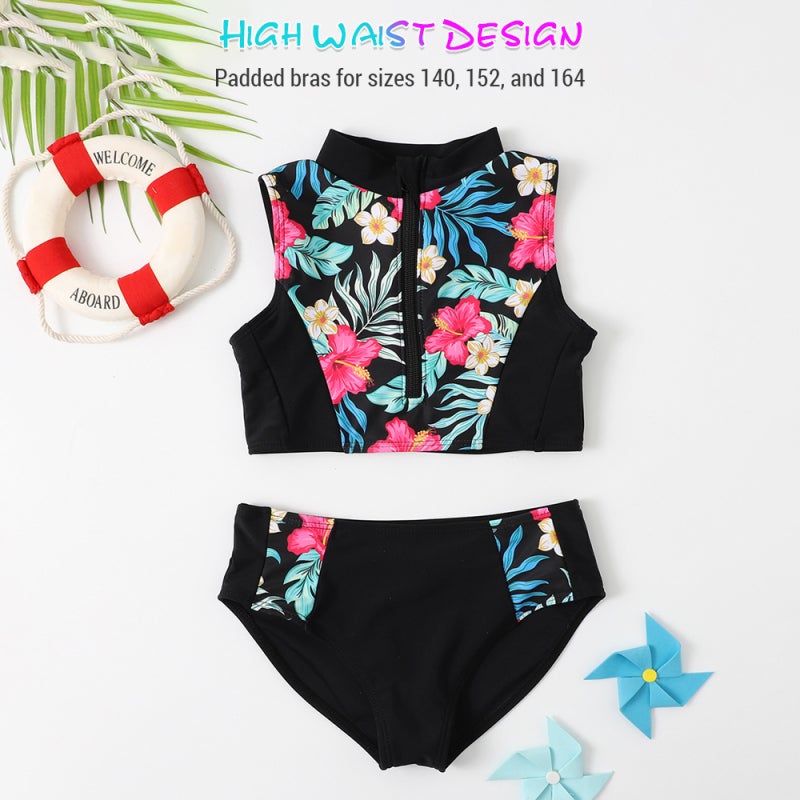Girls Swimsuit: Vintage Print High-Waist Padded Bra - Soft Breathable Nylon Material for Toddler & Girls Aged 2-12, Family Vacations Beach Water Activities - Image 5
