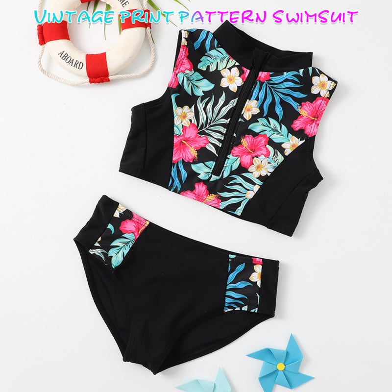 Girls Swimsuit: Vintage Print High-Waist Padded Bra - Soft Breathable Nylon Material for Toddler & Girls Aged 2-12, Family Vacations Beach Water Activities - Image 4