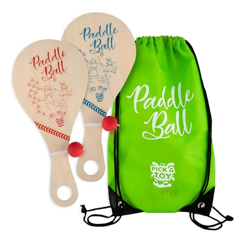 PICK A TOY Wooden Paddle Ball with String (Set of 2) with Green Carry Bag - Indoor Outdoor Toy: Kids Fun and Classic Paddleball Game for Boys and Girls, Party Favor Toys Ages 4+ - Image 1