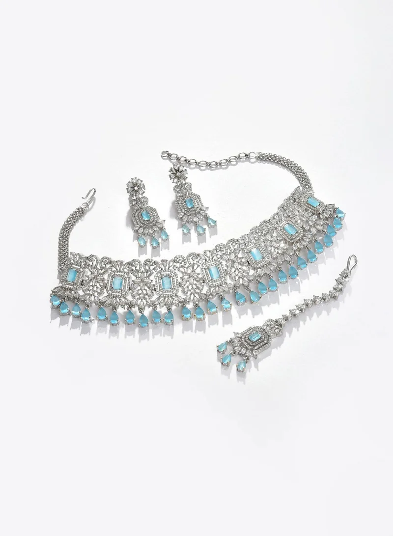 SOHI Silver Plated Designer Stone Necklace, Earrings and Maang Tikka Set Jewellery Set