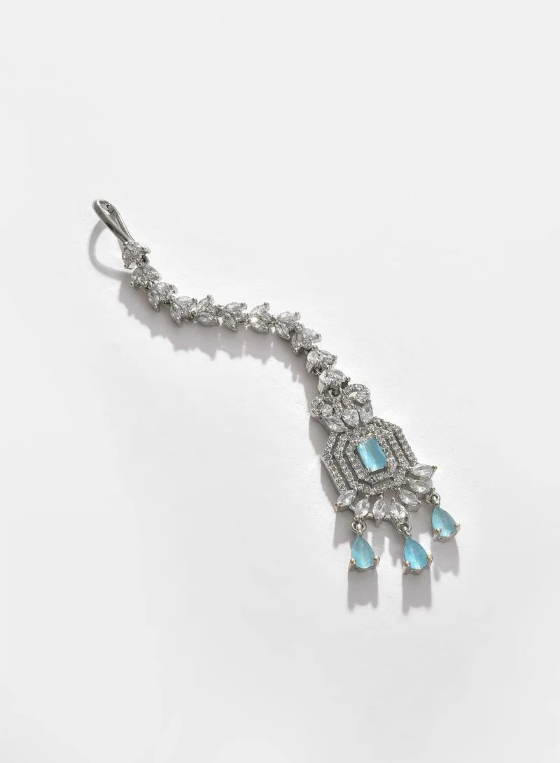 SOHI Silver Plated Designer Stone Necklace, Earrings and Maang Tikka Set Jewellery Set