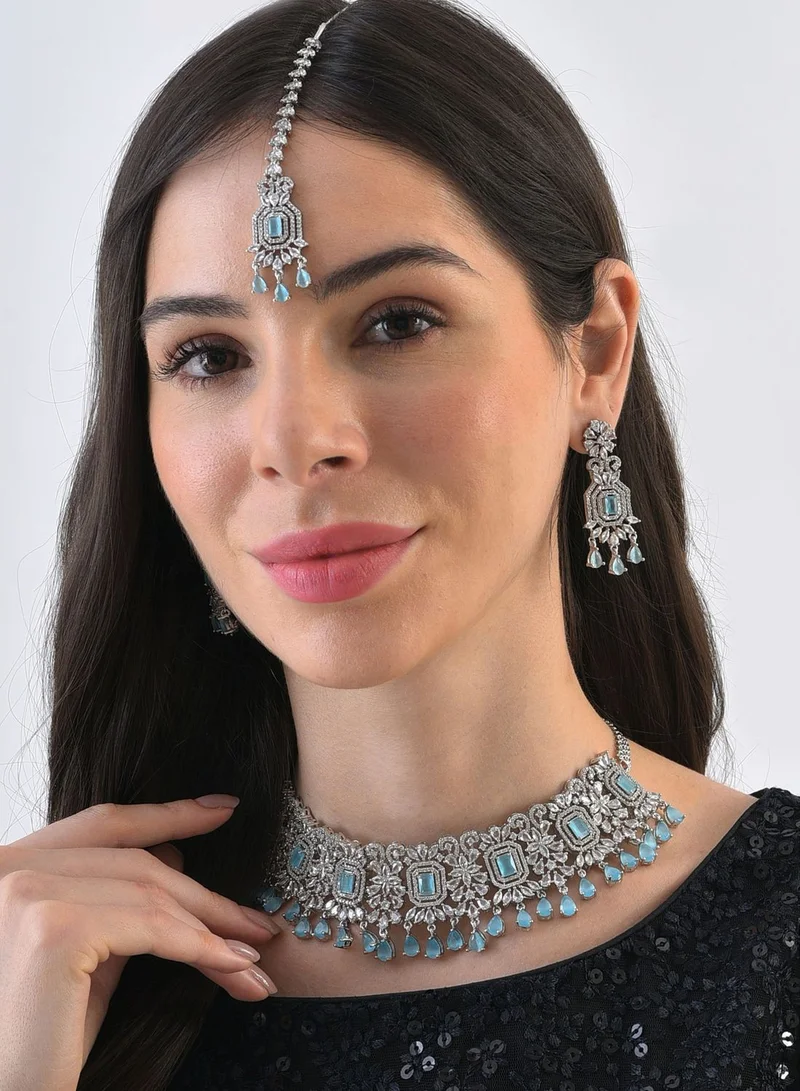 SOHI Silver Plated Designer Stone Necklace, Earrings and Maang Tikka Set Jewellery Set