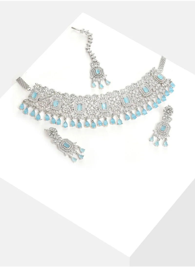 SOHI Silver Plated Designer Stone Necklace, Earrings and Maang Tikka Set Jewellery Set