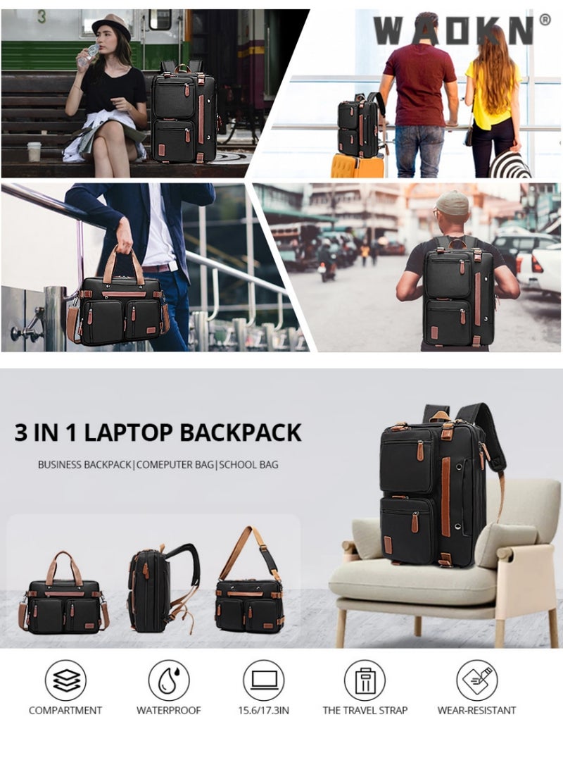 WAOKN - Laptop Bag Convertible Backpack Briefcase Shoulder Bag 3 in 1 Convertible Bag Laptop Case Handbag Business Briefcase Multi-Functional Travel Rucksack Fits 15.6 Inch Laptop for Men/Women (Black) - Image 1
