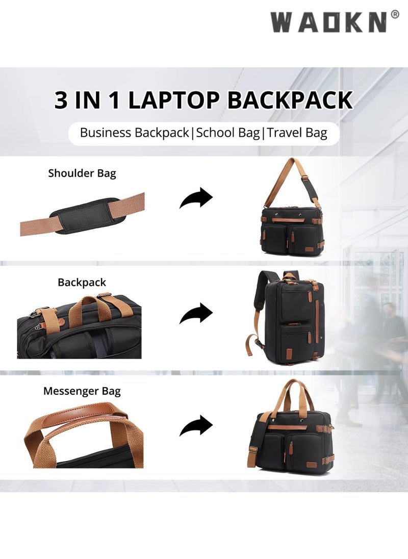 WAOKN - Laptop Bag Convertible Backpack Briefcase Shoulder Bag 3 in 1 Convertible Bag Laptop Case Handbag Business Briefcase Multi-Functional Travel Rucksack Fits 15.6 Inch Laptop for Men/Women (Black) - Image 1