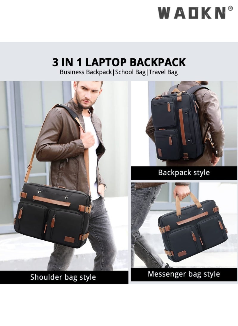 WAOKN - Laptop Bag Convertible Backpack Briefcase Shoulder Bag 3 in 1 Convertible Bag Laptop Case Handbag Business Briefcase Multi-Functional Travel Rucksack Fits 15.6 Inch Laptop for Men/Women (Black) - Image 1