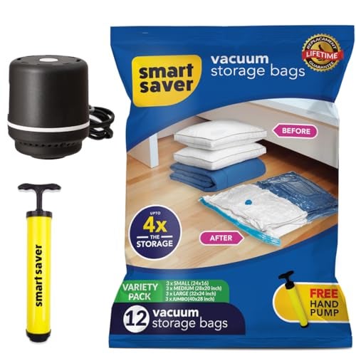 Smart Saver Polyamide Polyethylene Vacuum Compression Bags|Vacuum Storage Bags|Vacuum Bags For Travel|Space Saver Vacuum Bags(12Pack-3X(Jumbo,Large,Medium,Small)+Electric Pump),White - Image 1