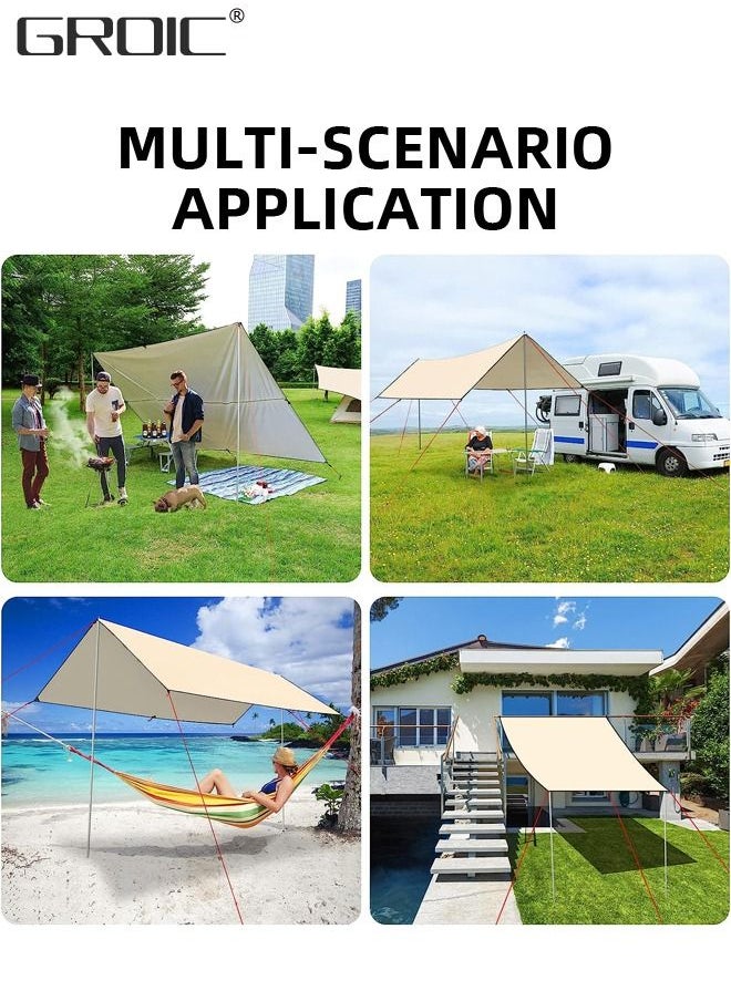 GROIC - 3*3M Camping Tarp and Pole Kit, Waterproof, Lightweight for Camping,Camping tarp with Poles, 3*3M Camping tarp+ 6 Ground Nails+ 6 Wind Rope+ 1 Set of Ultralight Aluminum Pole+ Outsourcing - Image 1