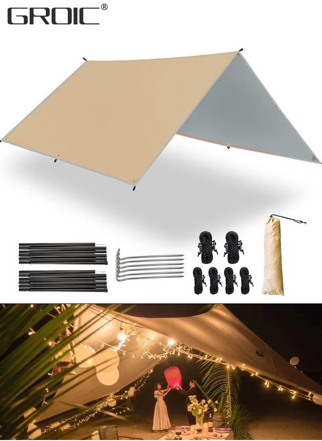 GROIC - 3*3M Camping Tarp and Pole Kit, Waterproof, Lightweight for Camping,Camping tarp with Poles, 3*3M Camping tarp+ 6 Ground Nails+ 6 Wind Rope+ 1 Set of Ultralight Aluminum Pole+ Outsourcing - Image 1
