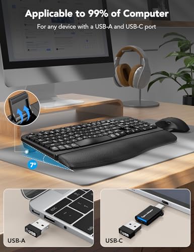 SABLUTE Wireless Keyboard and Mouse Combo – Ergonomic Wave Key, Built-in Leather Soft Palm Rest, 2.4G Full Size, 6-Button Mouse with 4-Level DPI, Dual USB-A/USB-C, MA12 for Windows & macOS Compatible- SABLUTE - Image 4