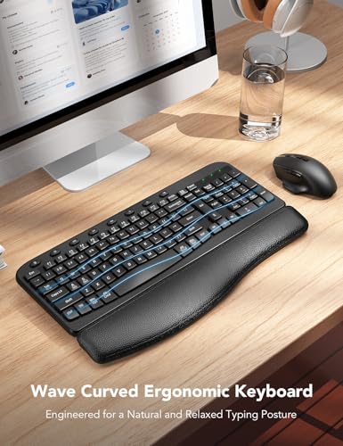 SABLUTE Wireless Keyboard and Mouse Combo – Ergonomic Wave Key, Built-in Leather Soft Palm Rest, 2.4G Full Size, 6-Button Mouse with 4-Level DPI, Dual USB-A/USB-C, MA12 for Windows & macOS Compatible- SABLUTE - Image 2