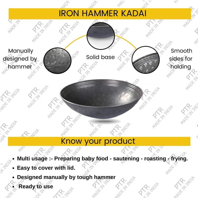 PTR Pure Iron Without Handle Deep Frying Kadai - India's First Kadhai with Smooth Edges, Best Frying Pan Wok, Heavy Base Handmade Hammered Matthar Metal Spoon Friendly Dishwasher Safe - 2 Litre - Image 2