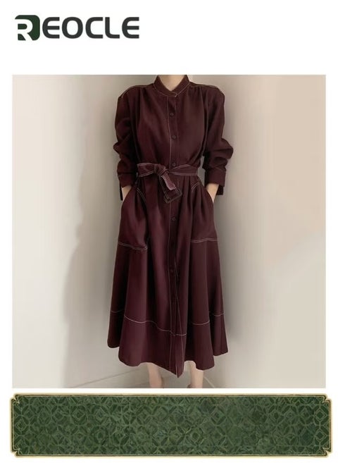 Women's Long Sleeve Trench Coat Long Dress Single Breasted Thick A Line Pea Coats Jacket with Pockets