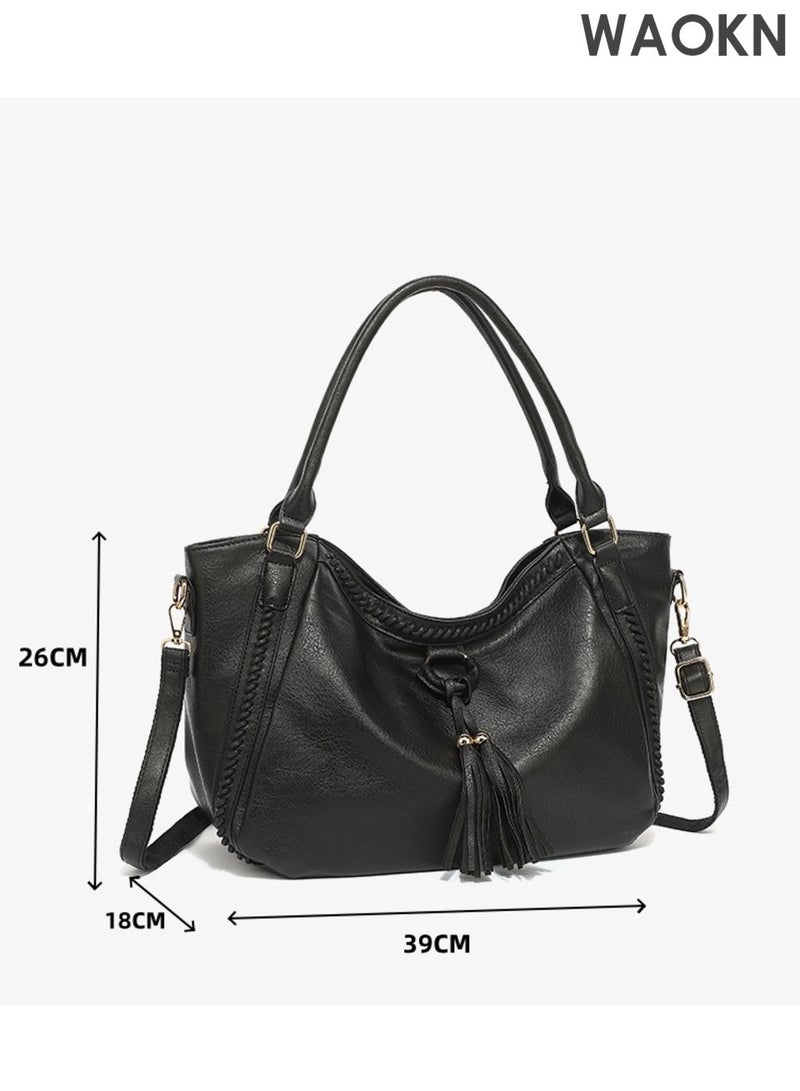 دبليو أيه أو كي أن حقائب كتف كبيرة، مجموعة حقائب يد نسائية ورجالية، حقائب توت من جلد البولي يوريثان، حقيبة كتف، حقيبة ظهر سوداء مقاومة للماء، مناسبة للجنسين، حقيبة يد بسعة تخزين كبيرة، حقيبة كروس بودي. - Image 2