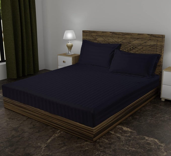 100 COTTON KING FITTED BEDSHEET WITH 2 PILLOW COVERS 310 TC STRIPE PATTERN ALL ROUND ELASTIC WRINKLE FREE FITS UP TO 10INCH MATTRESS DARK BLUE KING FITTED SHEET 72 X 78 INCH
