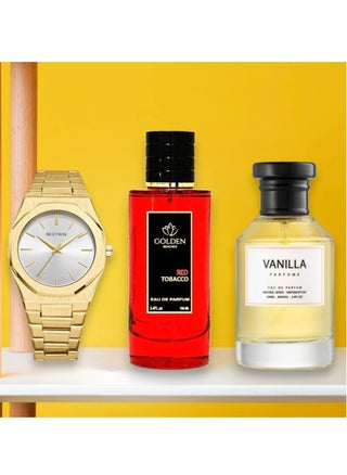Two perfumes with a watch with a golden bracelet and a silver dial
