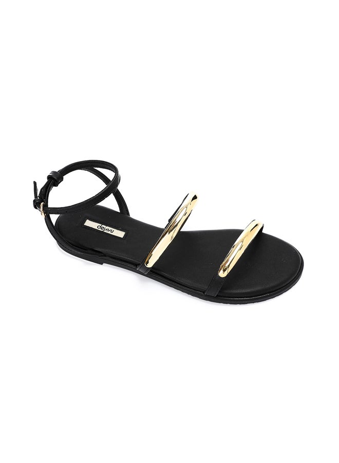 DejaVu Buckle Closure Flat Black Sandals  - Image 5