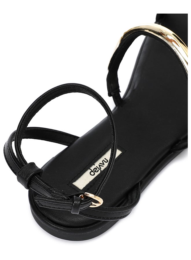 DejaVu Buckle Closure Flat Black Sandals  - Image 4