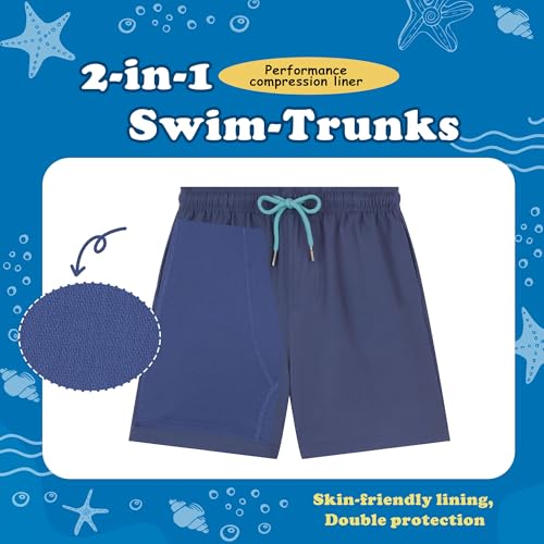 UMELOK Boys Swim Trunks Swimsuit Boxer Brief 2 in 1 Compression Liner Stretch Swim Shorts Quick Dry Beach Bathing Suit Solid Navy Blue 7 - Image 2