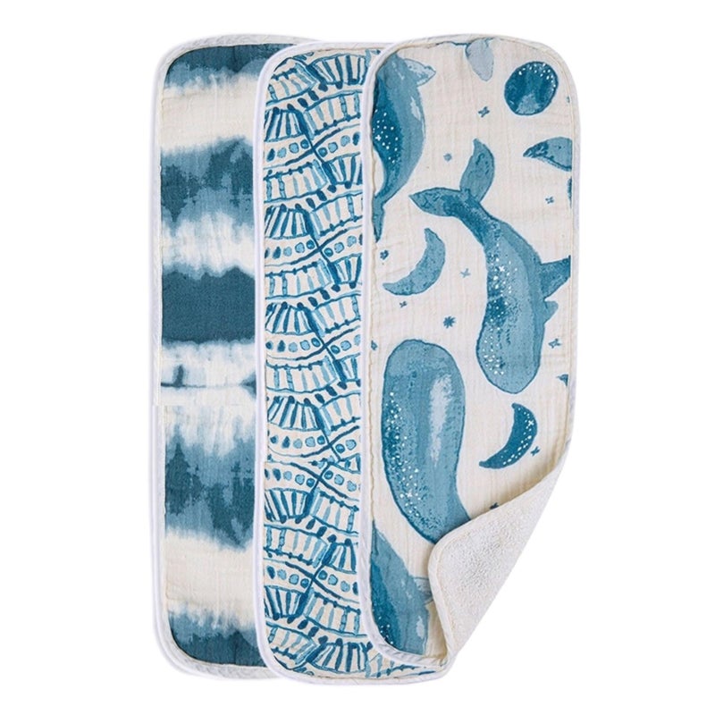 Crane Baby Muslin Burp Cloths, Nautical Theme Whale Design, Baby Boy Essentials, Cotton, Set of 3, 7" x 20" Blue Burp Cloth Set - Image 1