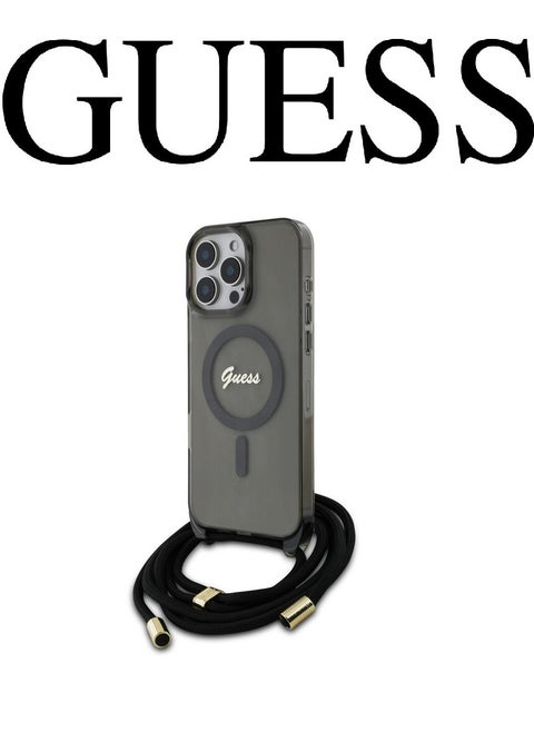 iPhone 16 Pro Max Case, supports wireless charging and has a neck strap, with an original design and approved by the global brand GUESS in Clear black