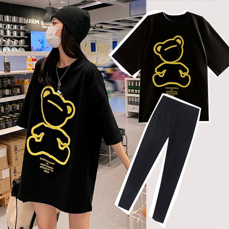 Pure Cotton Maternity Internet Celebrity Suit Summer Womens Top Sports Out Summer Thin Early Pregnancy Small Size Black top + Black Belt adjustment pregnant women's pants