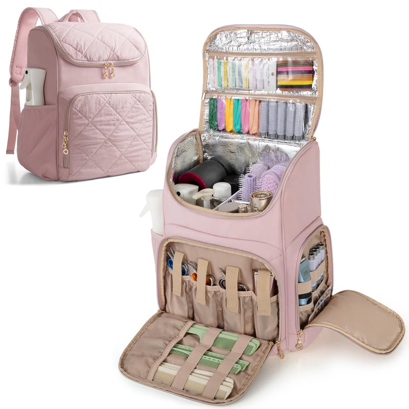 Marscamd Insulated Hairstylist Travel Bag Backpack with Detachable Dividers and Multiple Pockets, Quilted Hair Tool Travel Bag with Multiple Pockets for Hairstylist and Barber, Pink - Image 1