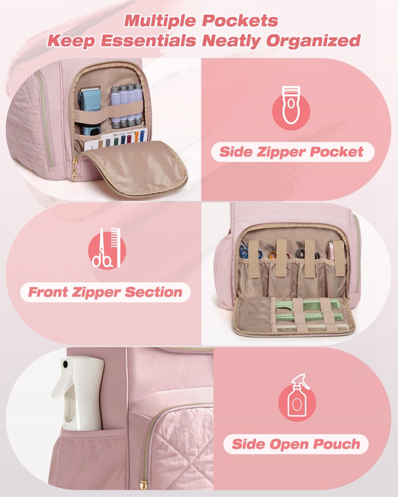 Marscamd Insulated Hairstylist Travel Bag Backpack with Detachable Dividers and Multiple Pockets, Quilted Hair Tool Travel Bag with Multiple Pockets for Hairstylist and Barber, Pink - Image 3