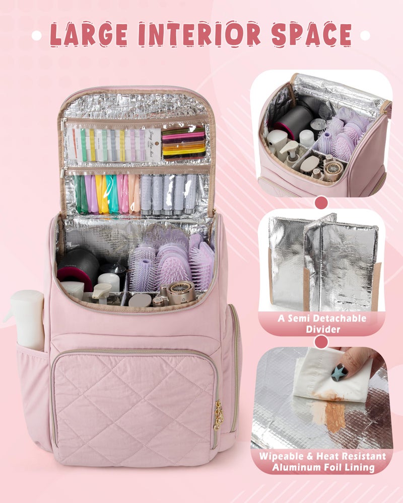 Marscamd Insulated Hairstylist Travel Bag Backpack with Detachable Dividers and Multiple Pockets, Quilted Hair Tool Travel Bag with Multiple Pockets for Hairstylist and Barber, Pink - Image 2