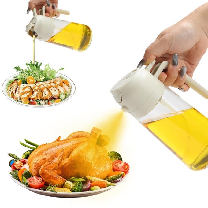 OIL SPRAYER FOR COOKING 16OZ2 IN 1 OLIVE OIL DISPENSER AND OIL SPRAYER 470ML OLIVE BOTTLE SPRAY AND POUR OLIVE GLASS OIL DISPENSER FOR KITCHEN COOKING SALAD BBQ WHITE