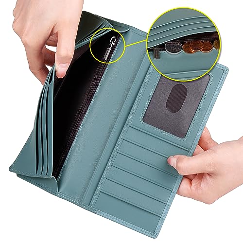 VISOUL Leather Long Checkbook Bi-fold Wallets with Zipper Pocket for Men and Women, RFID Blocking Tall Billfold Secretary Cash Wallet (Light Blue and Teal) - Image 3