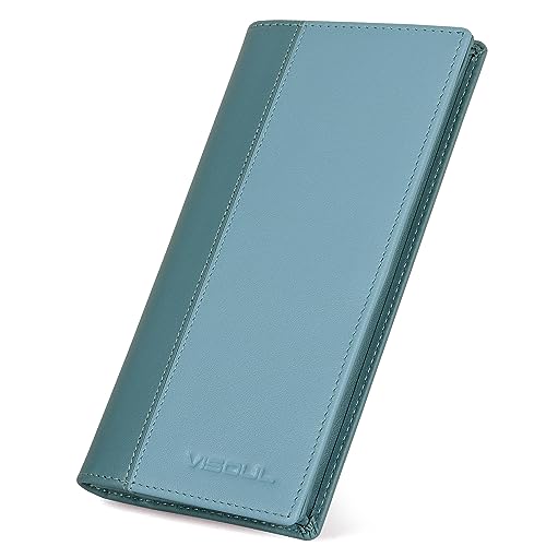 VISOUL Leather Long Checkbook Bi-fold Wallets with Zipper Pocket for Men and Women, RFID Blocking Tall Billfold Secretary Cash Wallet (Light Blue and Teal) - Image 1
