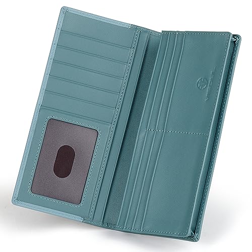 VISOUL Leather Long Checkbook Bi-fold Wallets with Zipper Pocket for Men and Women, RFID Blocking Tall Billfold Secretary Cash Wallet (Light Blue and Teal) - Image 2
