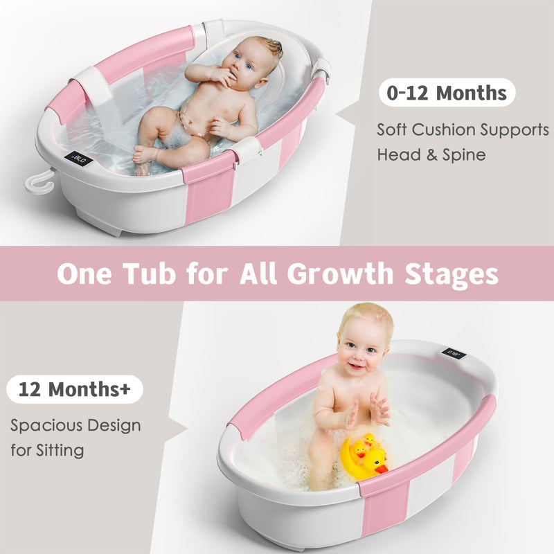 Himold Collapsible Baby Bathtub for Newborn to Toddler 0-36 Months,Spacious Foldable Infant Bath Tub with Thermometer,Cushion & Drain Hole,Portable Travel Tub, Baby Shower Gift Pink - Image 2