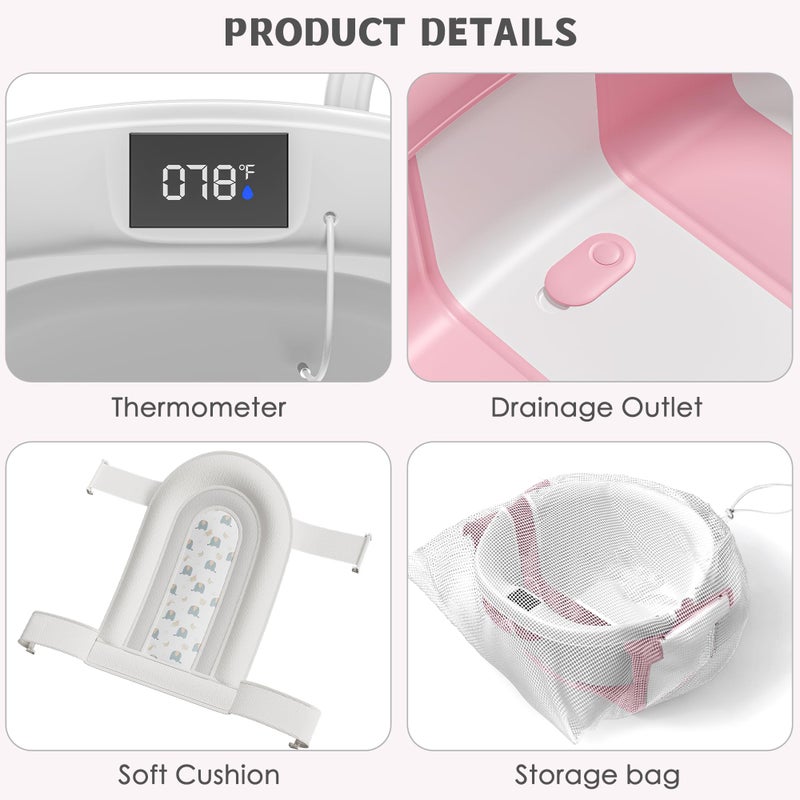 Himold Collapsible Baby Bathtub for Newborn to Toddler 0-36 Months,Spacious Foldable Infant Bath Tub with Thermometer,Cushion & Drain Hole,Portable Travel Tub, Baby Shower Gift Pink - Image 4