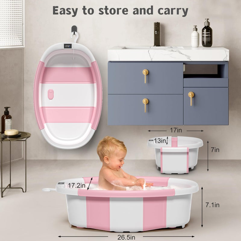 Himold Collapsible Baby Bathtub for Newborn to Toddler 0-36 Months,Spacious Foldable Infant Bath Tub with Thermometer,Cushion & Drain Hole,Portable Travel Tub, Baby Shower Gift Pink - Image 3