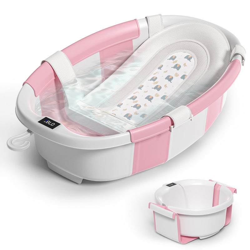 Himold Collapsible Baby Bathtub for Newborn to Toddler 0-36 Months,Spacious Foldable Infant Bath Tub with Thermometer,Cushion & Drain Hole,Portable Travel Tub, Baby Shower Gift Pink - Image 1
