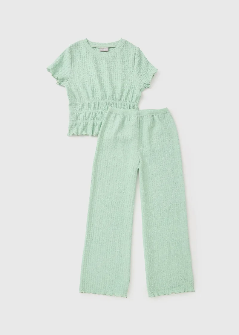 ماتلان Girls Sage Green Crinkle Top & Trouser Set