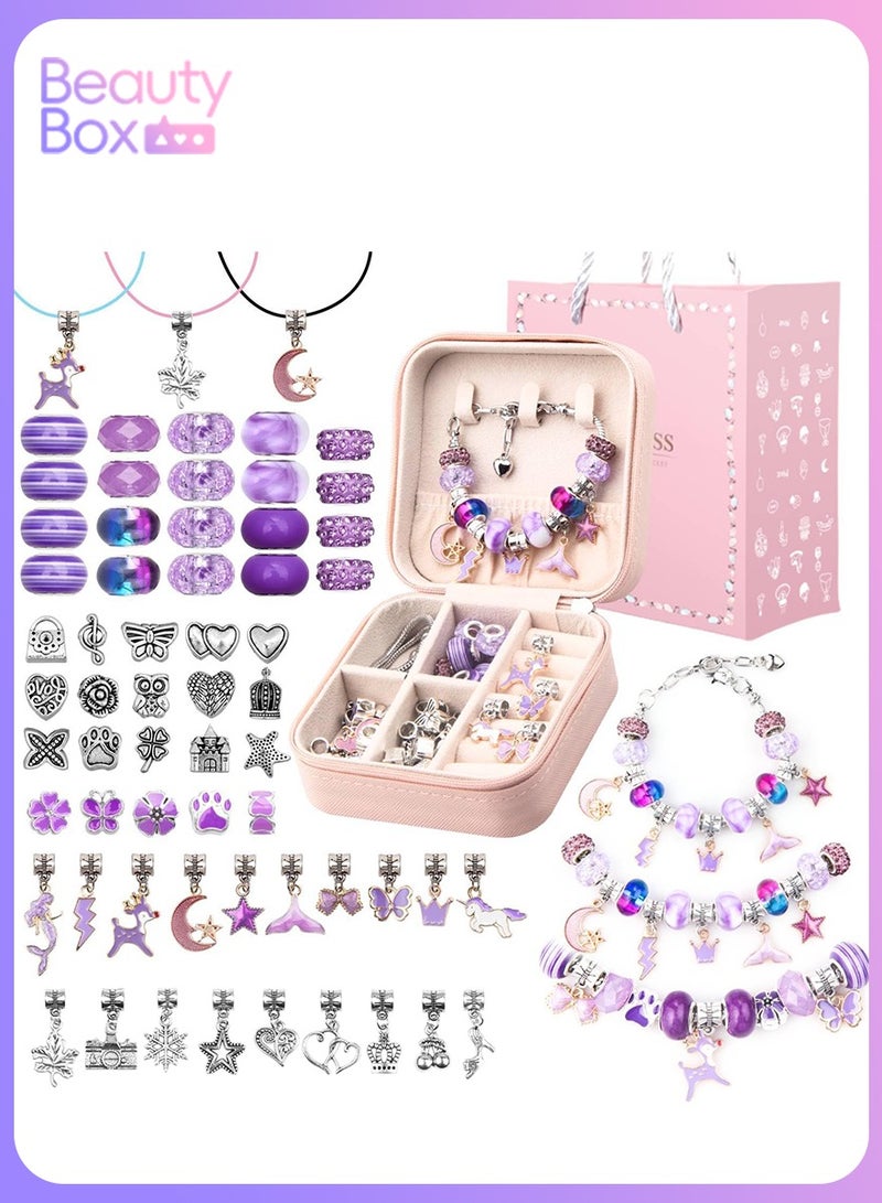 Bracelet Making Kit for Girls, 68PCs DIY Jewelry Craft Set with Charm Beads and Gift Box, Creative Art Present for Kids Ages 8-12, Adults (Purple) - Image 1