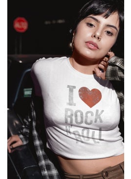 Fuddy Moda I Love Rock'n Roll Written Crop Top, Women's Rock Themed Crop Blouse  - Image 1