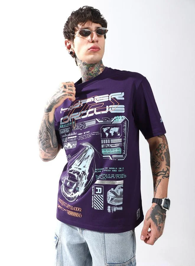 HIGH STAR Moto Racer Graphic Printed Round Neck Short Sleeves Relaxed Fit Cotton T-shirt