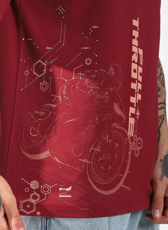 HIGH STAR Moto Racer Graphic Printed Round Neck Short Sleeves Relaxed Fit Cotton T-shirt