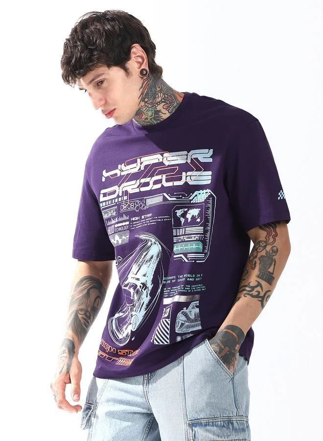 HIGH STAR Moto Racer Graphic Printed Round Neck Short Sleeves Relaxed Fit Cotton T-shirt