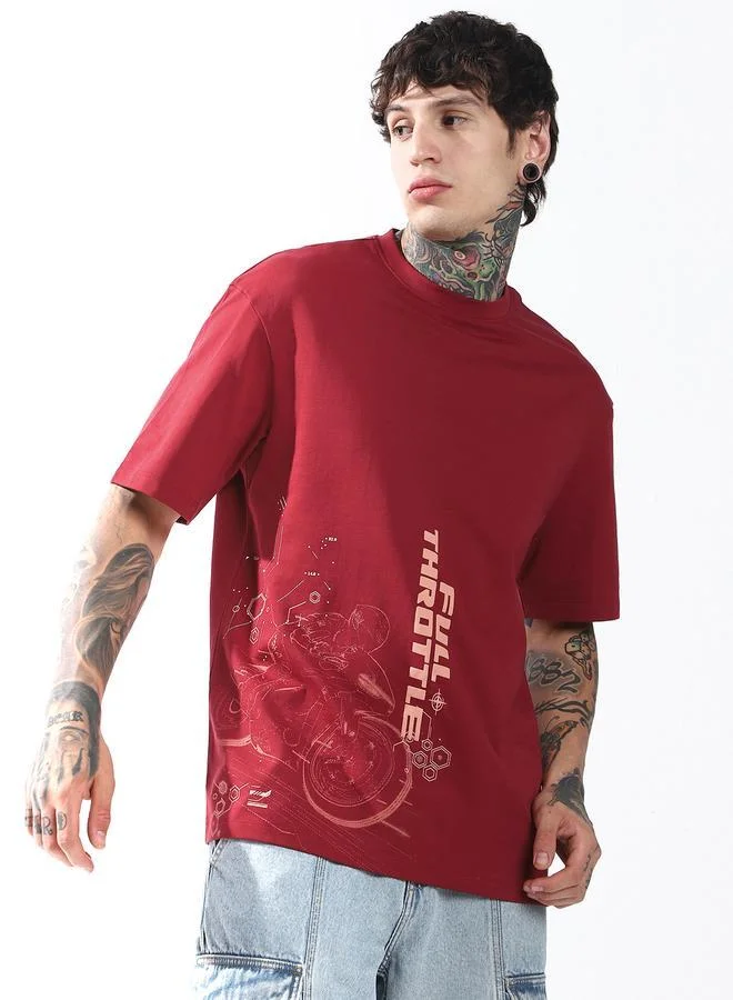 HIGH STAR Moto Racer Graphic Printed Round Neck Short Sleeves Relaxed Fit Cotton T-shirt