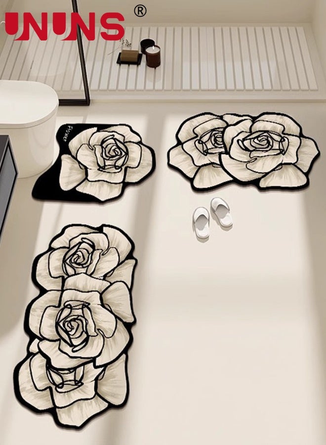 UNUNS Bath Mat Set,3pcs Bathroom Non-Slip Mat,Toilet U-Shaped,Washable Floor Mat,Area Rug,Light luxury Rose-Shaped Carpet,Floor Mat for Bathroom Powder Room Vanity Bathtub or Shower,Machine Washable - Image 1