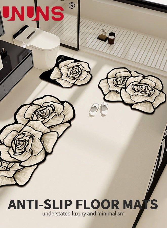 UNUNS Bath Mat Set,3pcs Bathroom Non-Slip Mat,Toilet U-Shaped,Washable Floor Mat,Area Rug,Light luxury Rose-Shaped Carpet,Floor Mat for Bathroom Powder Room Vanity Bathtub or Shower,Machine Washable - Image 2